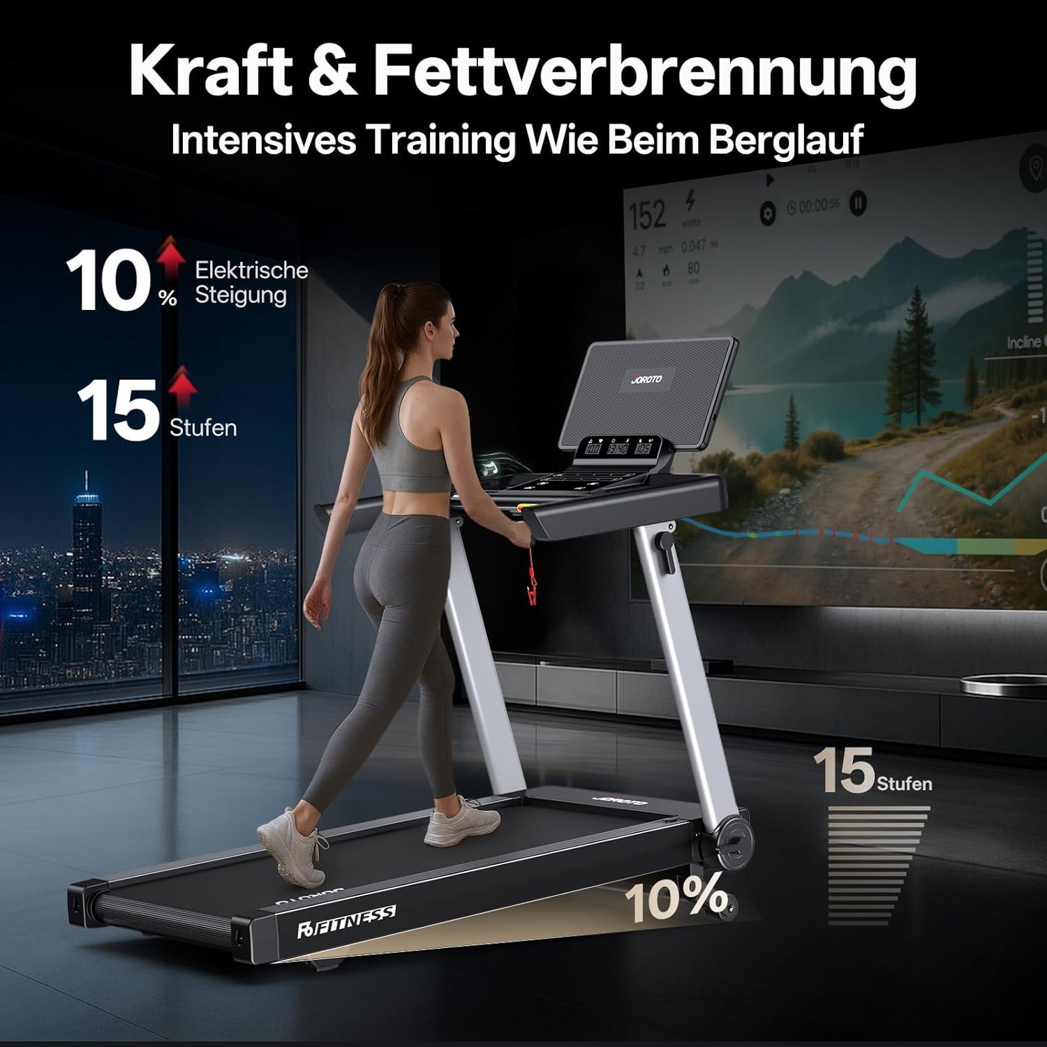 JOROTO F6 Klappbares Smart-Laufband – 16 km/h, 10% Automatische Steigung & Kinomap